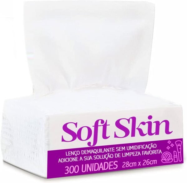 Lenço Demaquilante Seco Soft Skin 300 Unidades – Ideal para Limpeza de Pele, Remoção de Maquiagem e Higiene Diária, Macio e Resistente, Uso Prático e Versátil para Rotina de Cuidados.
