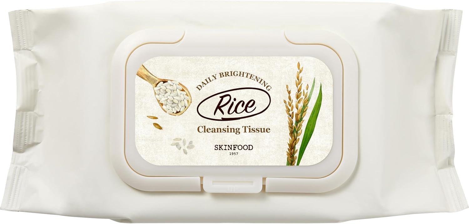 Lenços de limpeza de arroz da SKINFOOD – Toalhetes de limpeza diários hipoalergênicos para maquiagem e removedores de maquiagem – Pele facial transparente e refrescada – Lenços faciais coreanos para 1 Lenços de limpeza de arroz da SKINFOOD – Toalhetes de limpeza diários hipoalergênicos para maquiagem e removedores de maquiagem – Pele facial transparente e refrescada – Lenços faciais coreanos para