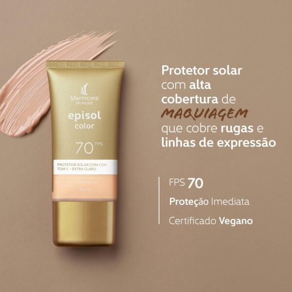MANTECORP - Protetor Solar Facial Episol Color FPS 70 - Efeito Base, Alta Proteção UVA e UVB, Toque Seco, Rápida Absorção - Tom 1 Extra Claro - 40ml - Imagem 2