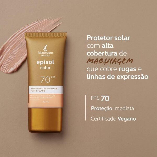 MANTECORP - Protetor Solar Facial Episol Color FPS 70 - Efeito Base, Alta Proteção UVA e UVB, Toque Seco, Rápida Absorção - Tom 2 Claro - 40ml - Imagem 2