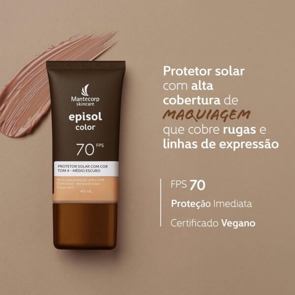 MANTECORP - Protetor Solar Facial Episol Color FPS 70 - Efeito Base, Alta Proteção UVA e UVB, Toque Seco, Rápida Absorção - Tom 4 Médio Escuro - 40ml - Imagem 2
