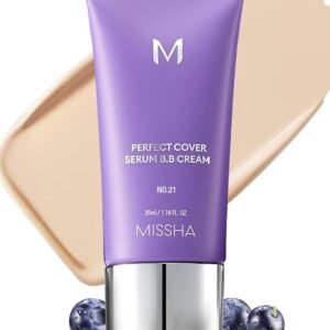 MISSHA M PERFECT COVER SERUM BB CREAM No.21 Light Beige, Skin Care Foundation Makeup, Tinted Moisturizer, Superfood Complex, Buildable Coverage, Glass Skin, Paraben Free,1.18 Fl oz