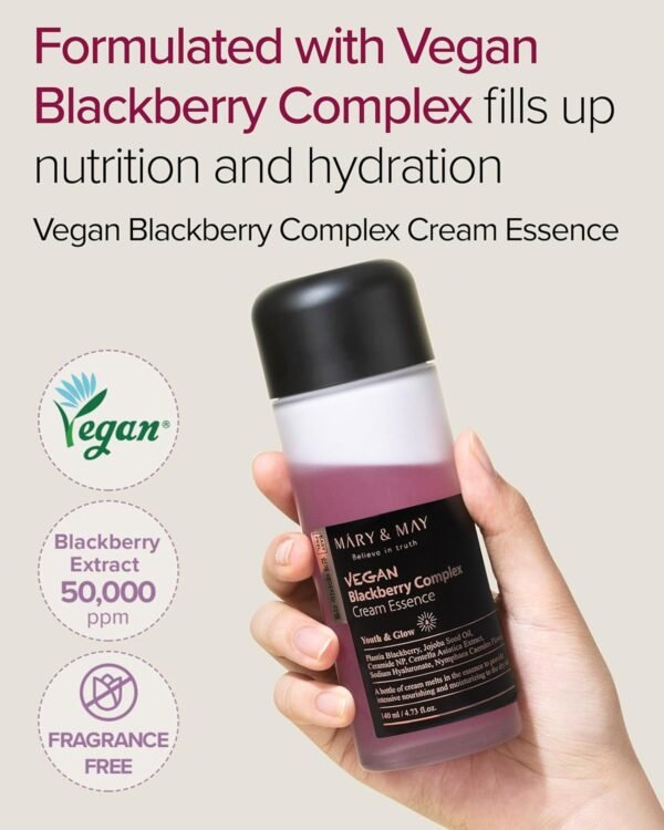 Mary&May Vegan Blackberry Complex Cream Essence 140ml, Deep Hydrating for dry skin, Essence Toner, Blackberry Extract, Cream Skin, Fragrance Free, Korean Skincare, marynmay - Imagem 2