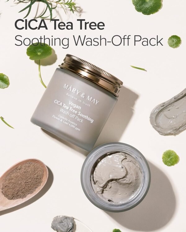 Mary&May Vegan Cica Tea Tree Soothing Wash Off Mask 125g, Blackhead Care, Clean Pores, Sebum Control, Sooth Sensitive Skin, Clay Mask, Korean Facial Mask, marynmay - Imagem 2