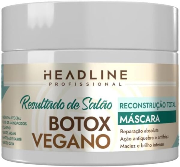 Máscara Botox Vegano - Reconstrução Total, Recupera e Reduz a Quebra - HEADLINE Resultado de Salão - 300g