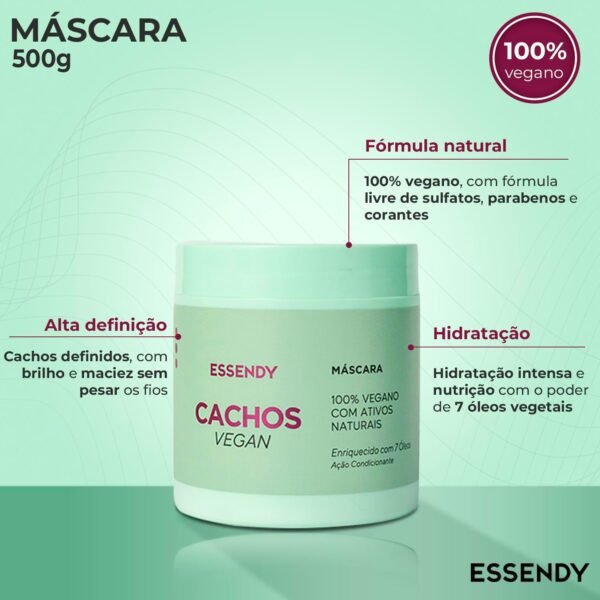 Máscara Cachos Vegan 500G - Hidratação Profunda, Nutrição Intensa, Brilho e Maciez - Enriquecida com 7 Óleos Naturais - Vegano, Sem Sulfatos, Parabenos ou Corantes - Essendy - Imagem 2