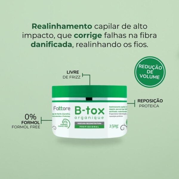 Máscara Capilar Reconstrutora Sem Formol B-tox Organique Fattore Anti frizz 250g - Imagem 2