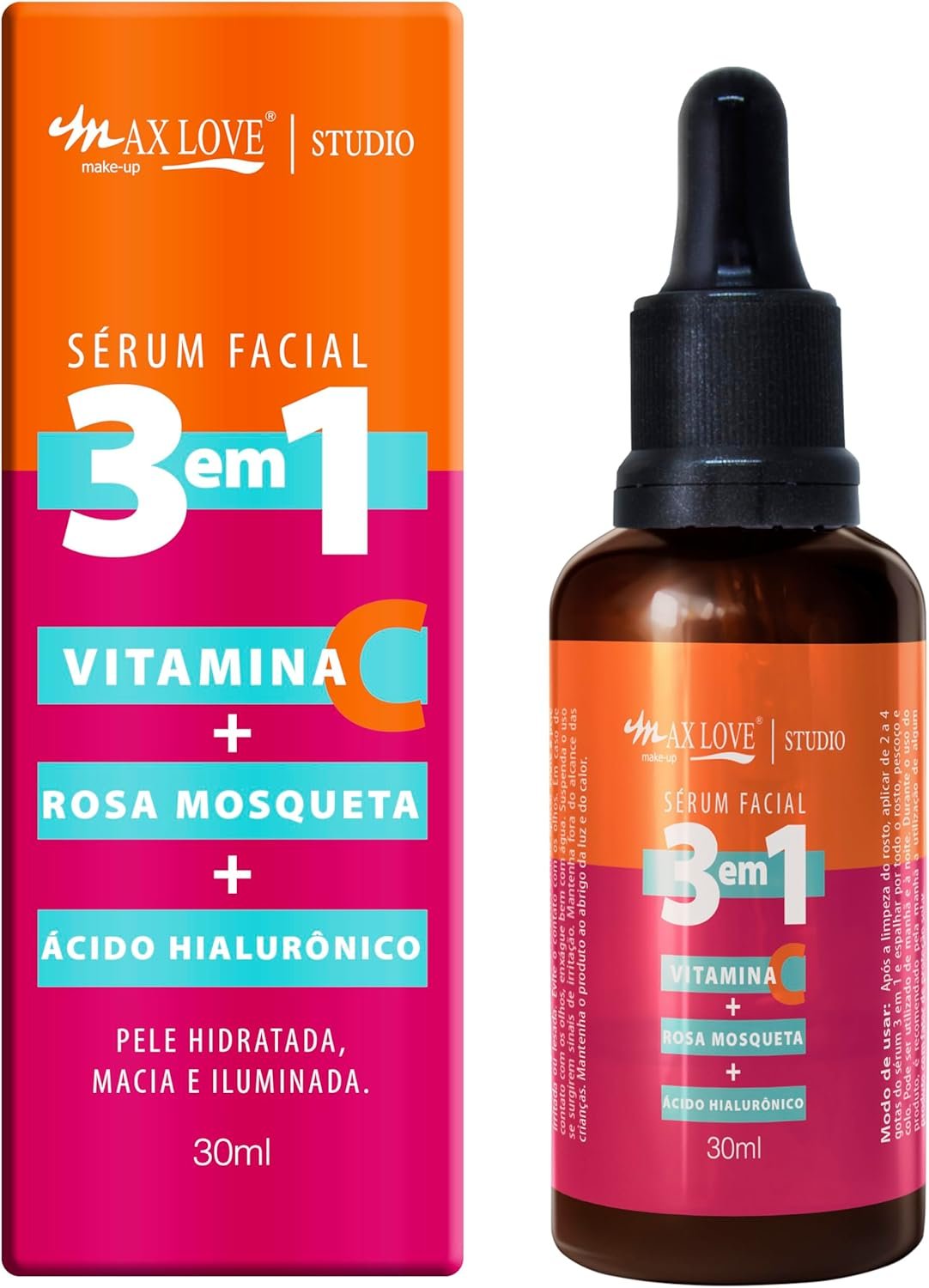 Max Love Serum Facial 3 em 1 Vitamina + C Rosa Mosqueta + Ácido Hialurônico - Pele Hidratada, Macia e Iluminada 30ml 1 Max Love Serum Facial 3 em 1 Vitamina + C Rosa Mosqueta + Ácido Hialurônico - Pele Hidratada, Macia e Iluminada 30ml