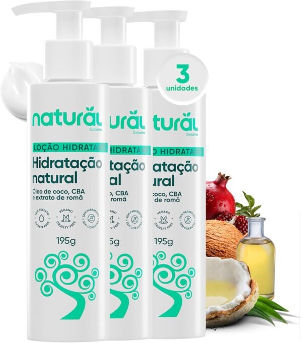NATURAL Combo Loção Hidratante Corporal Natural com Óleo de Coco, CBA e Extrato de Romã - Kit com 3 Unidades - Hidratação e Cuidado para Todos os Tipos de Pele