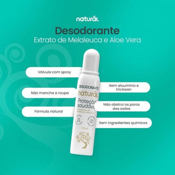 NATURAL Desodorante com Extratos de Melaleuca e Aloe Vera - Proteção Saudável - Purificante e Hidratante - Sem Alumínio - Vegano - 120 ml - Imagem 2