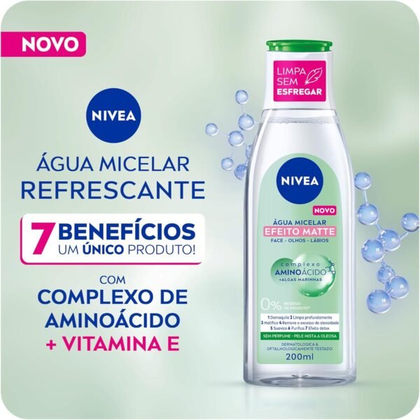 NIVEA Água Micelar Solução de Limpeza Facial 7 em 1 Efeito Matte 200ml - Fórmula poderosa com efeito matte que oferece 7 benefícios: limpa, hidrata, suaviza, tonifica, demaquila, acalma e refresca - Imagem 2