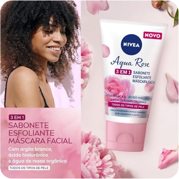 NIVEA Aqua Rose 3 em 1 150ml - Sabonete, Esfoliante e Máscara Facial - Com argila branca, ácido hialurônico e água de rosas orgânica - Imagem 2