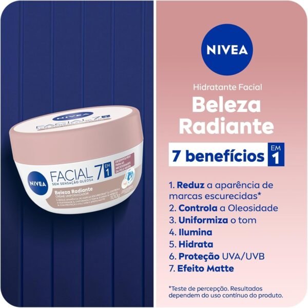 NIVEA Hidratante Facial Beleza Radiante 7 em 1 100g - 7 benefícios em 1 potinho: reduz marcas escurecidas, controla oleosidade, uniformiza, ilumina, hidrata, proteção UVA/UVB e efeito matte - Imagem 2