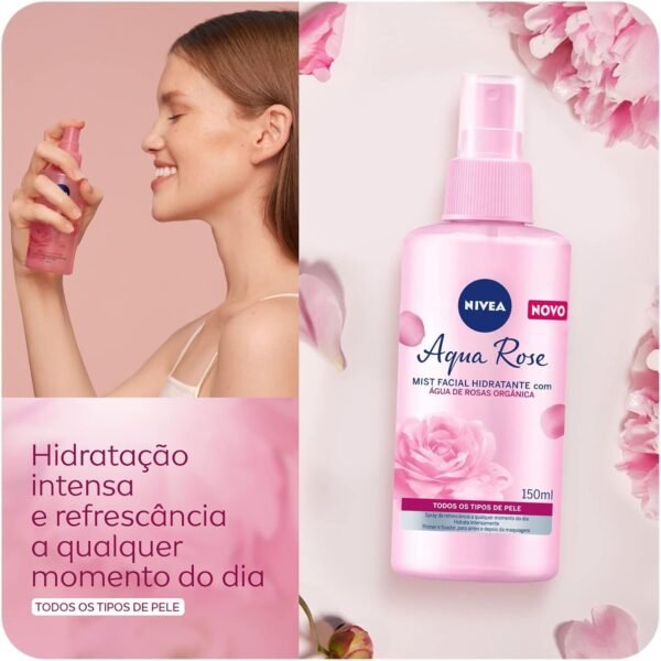 NIVEA Hidratante Facial Mist Aqua Rose 150ml - Hidratante em spray com água de rosas, pode ser usado como primer ou para refrescar a pele nos dias quentes - Imagem 2