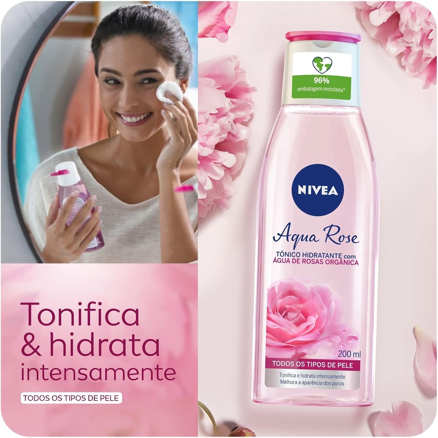 NIVEA Tônico Hidratante Aqua Rose 200ml - Cuidado Facial - Melhora a aparência dos poros, tonifica e finaliza a limpeza do rosto, além de hidratar intensamente com água de rosas orgânicas 2 NIVEA Tônico Hidratante Aqua Rose 200ml - Cuidado Facial - Melhora a aparência dos poros, tonifica e finaliza a limpeza do rosto, além de hidratar intensamente com água de rosas orgânicas - Imagem 2