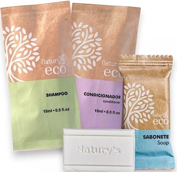 Naturys Kit de Banho 100 Unidades Shampoo, Condicionador e Sabonete 15g Ecológico Vegano Hotel Motel Pousada Spa com Fragrância Woody - Imagem 2