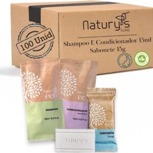 Naturys Kit de Banho 100 Unidades Shampoo, Condicionador e Sabonete 15g Ecológico Vegano Hotel Motel Pousada Spa com Fragrância Woody