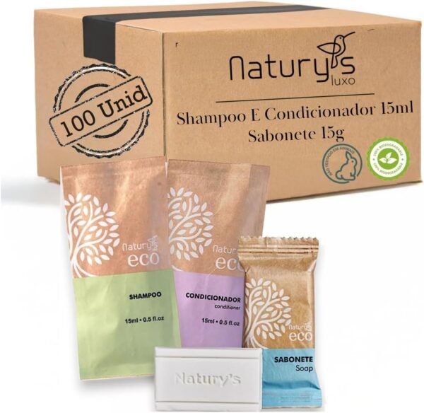 Naturys Kit de Banho 100 Unidades Shampoo, Condicionador e Sabonete 15g Ecológico Vegano Hotel Motel Pousada Spa com Fragrância Woody
