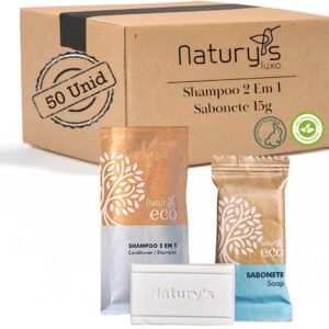 Naturys Kit de Banho 50 Shampoo 2x1 15ml e 50 Sabonete 15g Ecológico Vegano Hotel Motel Pousada Spa Woody