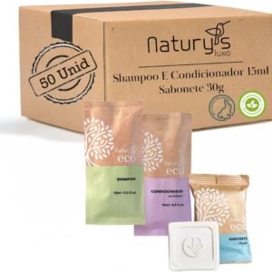 Naturys Kit de Banho 50 Unidades - Shampoo, Condicionador e Sabonete Biodegradável 30g - Woody - Ecológico e Vegano - Hotel, Motel, Pousada, Spa
