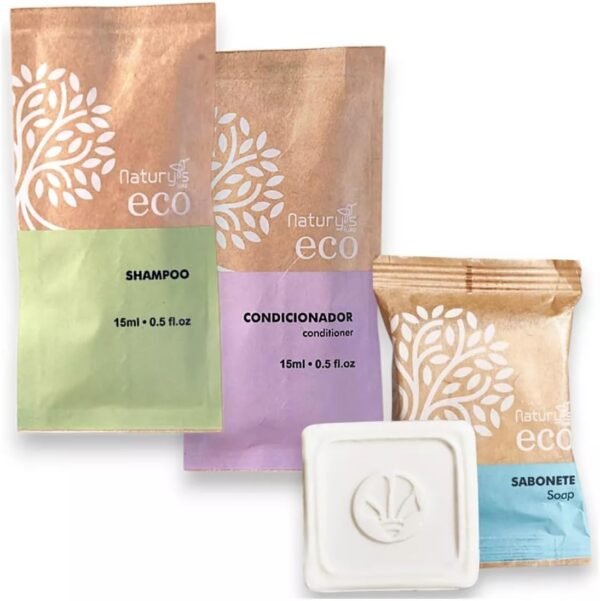 Naturys Kit de Banho 50 Unidades - Shampoo, Condicionador e Sabonete Biodegradável 15ml e 20g - Linha Ecológica - Woody - Hotel, Motel, Pousada, Spa - Imagem 2