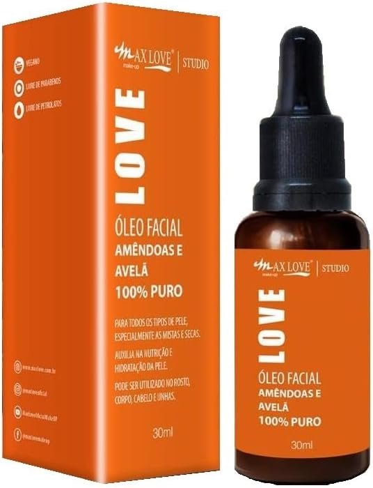 Oleo Facial Amendoas e Avela 100% Puro, Auxilia na Nutrição e Hidratação da Pele, 30ml, Max Love 1 Oleo Facial Amendoas e Avela 100% Puro, Auxilia na Nutrição e Hidratação da Pele, 30ml, Max Love