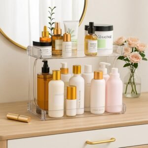 Organizador Acrílico para Make e Cosméticos – 2 Andares p/Maquiagem, Bancada de Banheiro ou Penteadeira, Suporte Transparente Resistente