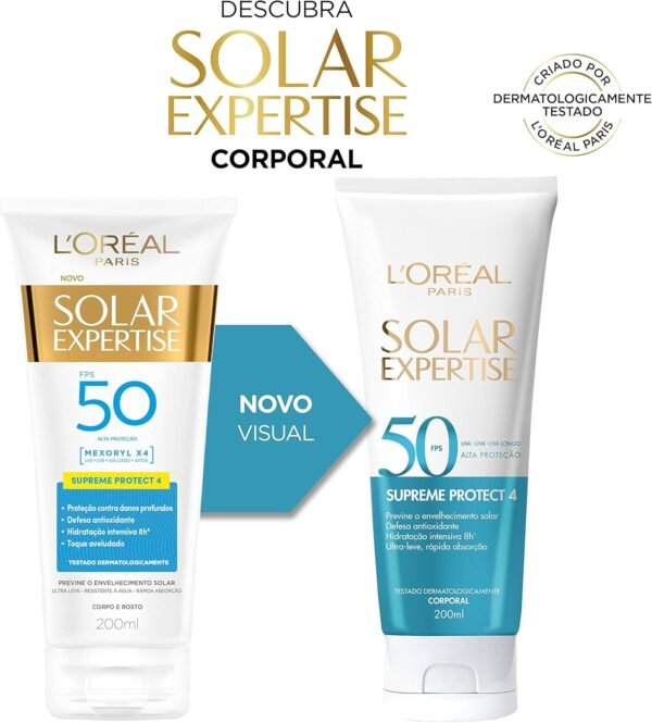 Protetor Solar Corporal L'Oréal Paris Solar Expertise FPS 50 200ml - Previne o Envelhecimento Solar, Textura Ultra-leve, Hidrata e Protege a pele - Imagem 2