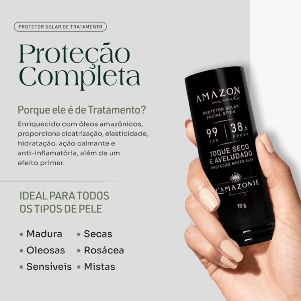 Protetor Solar de Tratamento FPS 99 - Toque seco, À Prova D’água e Suor - Ação Hidratante, Cicatrizante, Anti-Irritação - Óleos de Buriti, Babaçu e Aveia - Vegano e Cruelty Free - L'AMAZONIE - 13g - Imagem 2