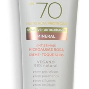 Protetor Solar sunVEG FPS 70 Mineral 50g Piatan Proteção UVA e UVB Ação Antioxidante Antissinais Microalgas Rosa Creme com Toque Seco Sem parabenos Petrolatos Silicones e Sem Resíduos Brancos