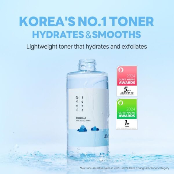 ROUND LAB 1025 Dokdo Toner 19 ml, controle de óleo e reduz o excesso de sebo, tônico facial esfoliante suave, água do mar profundo para hidratação, acabamento macio sem aderência, cuidados com a pele - Imagem 2