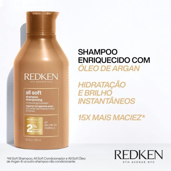 Redken Shampoo All Soft | Para Cabelos Secos e Quebradiços ​​| Proporciona Maciez Intensa e Brilho | Com Óleo de Argan | 300ml - Imagem 2
