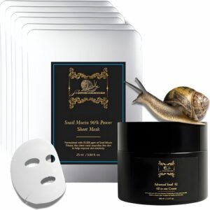 SC Sapphire's Snail Mucin 96% folhas de máscaras hidratantes (pacote com 10) + creme reparador multifuncional avançado 92% | Tratamento revitalizante de 90 dias para pele seca, manchas escuras e