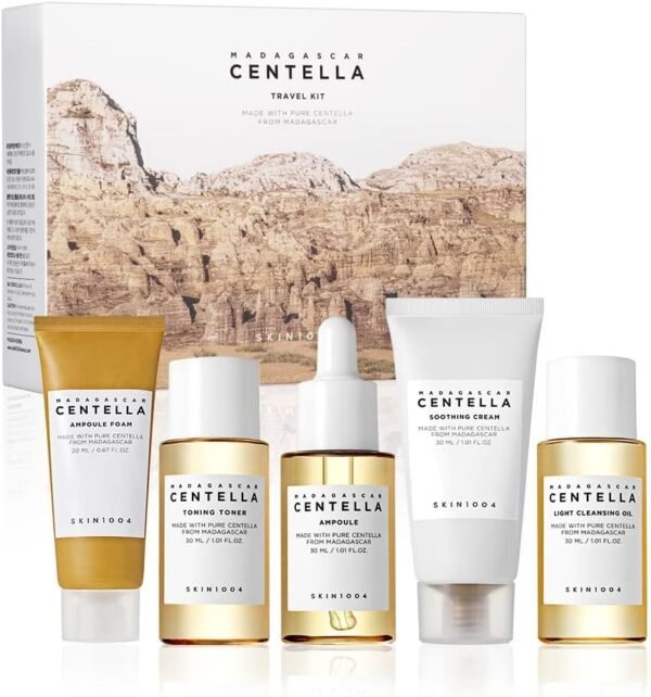 SKIN1004 Kit de viagem Madagascar Centella, toner, ampola, creme calmante, óleo de limpeza, espuma de ampola, caixa básica de cuidados com a pele, tamanho compacto, conjuntos de presente, presentes de