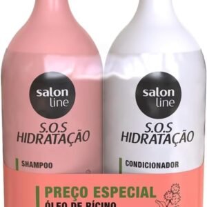 Salon Line, Kit Shampoo e Condicionador, SOS Hidratação, Óleo de Rícino, Vegano - Cabelos Lisos, Ondulados, Cacheados e Crespos, 1 L cada