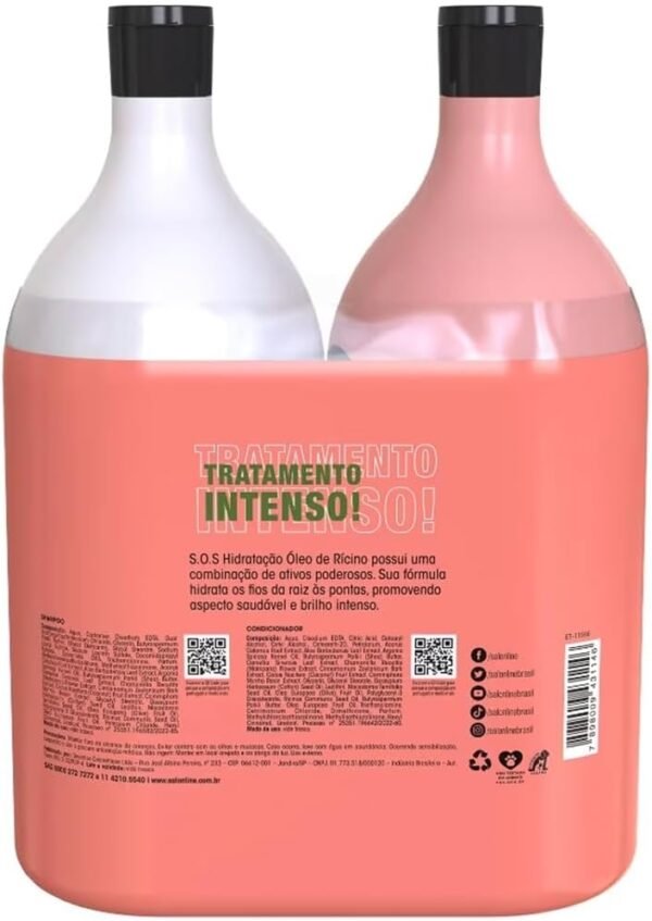 Salon Line, Kit Shampoo e Condicionador, SOS Hidratação, Óleo de Rícino, Vegano - Cabelos Lisos, Ondulados, Cacheados e Crespos, 1 L cada - Imagem 2