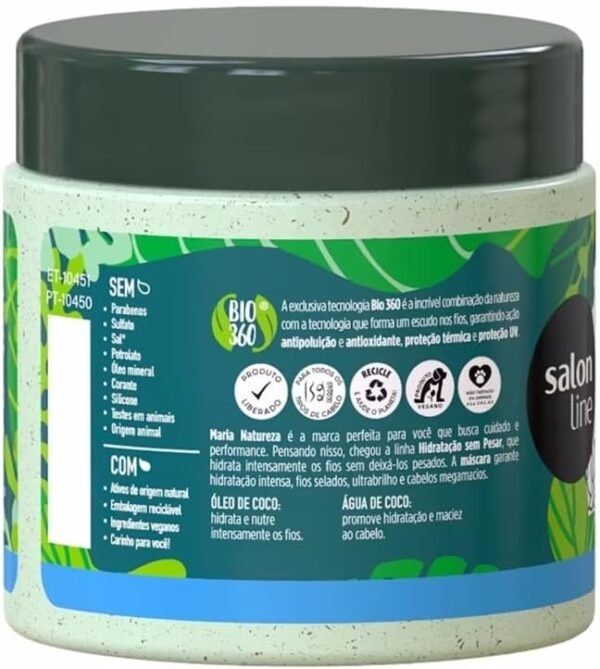 Salon Line, Máscara Capilar, Maria Natureza, Hidratação Sem Pesar, Óleo e Água de Coco, Vegana - Todos os Tipos de Cabelos, 200 g - Imagem 2