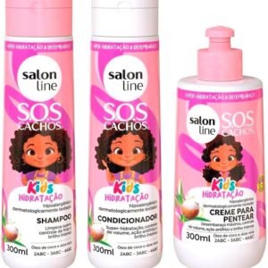 Salon Line, SOS Cachos, Kit Shampoo + Condicionador + Creme de Pentear, Kids Hidratação, Veganos - Para Cabelos Ondulados, Cacheados e Crespos, 300 ml