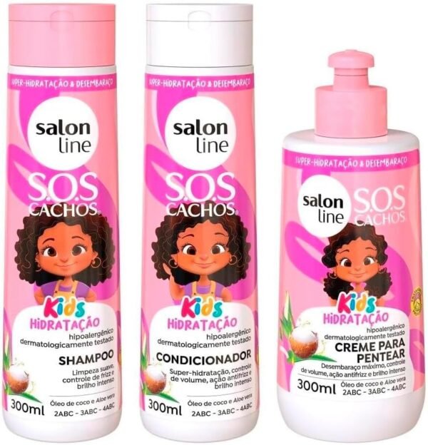 Salon Line, SOS Cachos, Kit Shampoo + Condicionador + Creme de Pentear, Kids Hidratação, Veganos - Para Cabelos Ondulados, Cacheados e Crespos, 300 ml