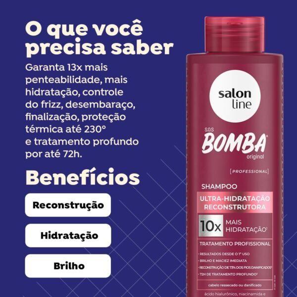 Salon Line, Shampoo, SOS Bomba Original, Ultra-Hidratação Reconstrutora, Vegano - Para Todos os Tipos de Cabelos, 300ml - Imagem 2