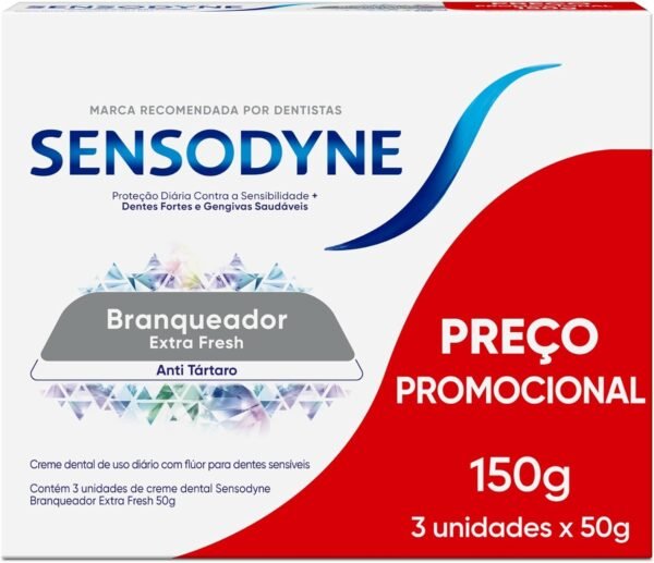 Sensodyne Creme Dental Branqueador Extra Fresh com Flúor, Anti Tártaro, Proteção Diária Contra Sensibilidade, Dentes Fortes e Gengivas Saudáveis, Leve 3 e Pague 2, 50g cada