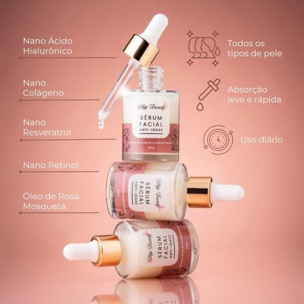 Sérum Facial Anti-Idade de 30ml Com Nano Ácido Hialurônico, Retinol, Óleo de Mosqueta, Colágeno e Alantoína - Reduz Rugas e Linhas, Firmeza, Elasticidade, Hidratação - Miti Beauty - Imagem 2