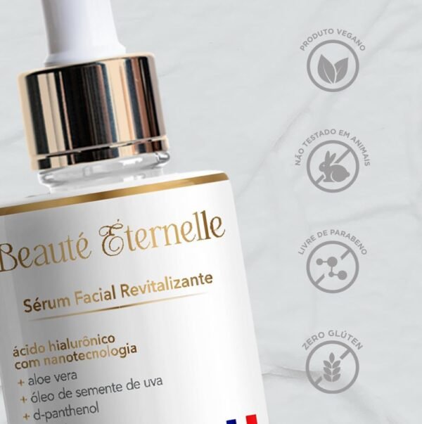 Sérum Facial Hidratante e Revitalizante Rejuvenescedor Beauté Éternelle 30 ml com Ácido Hialurônico (Aloe Vera, Óleo de Semente de Uva, D-panthenol, Vitamina E) - Imagem 2