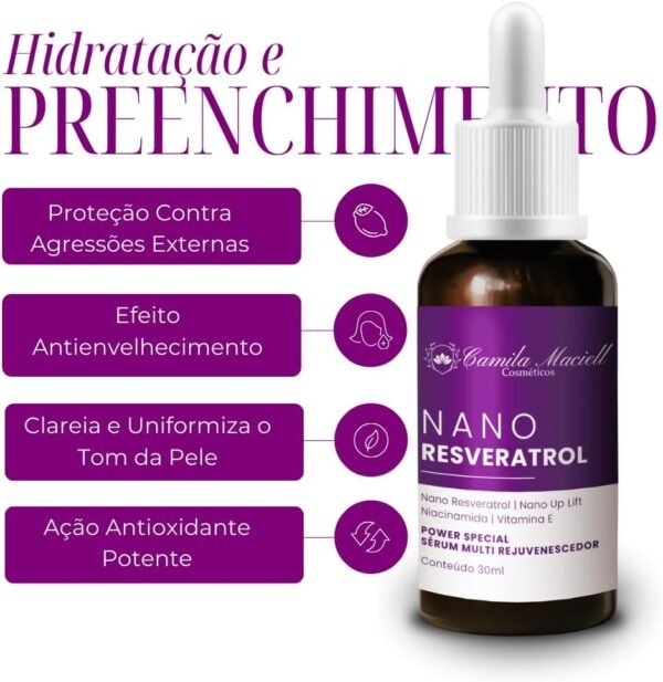 Sérum Facial Nano Resveratrol Camila Maciell, Sérum Antienvelhecimento com Nanoresveratrol, Niacinamida, Vitamina E e Nano Up Lift + Ação Antioxidante, Firmeza, Rejuvenescimento – 30ml - Imagem 2