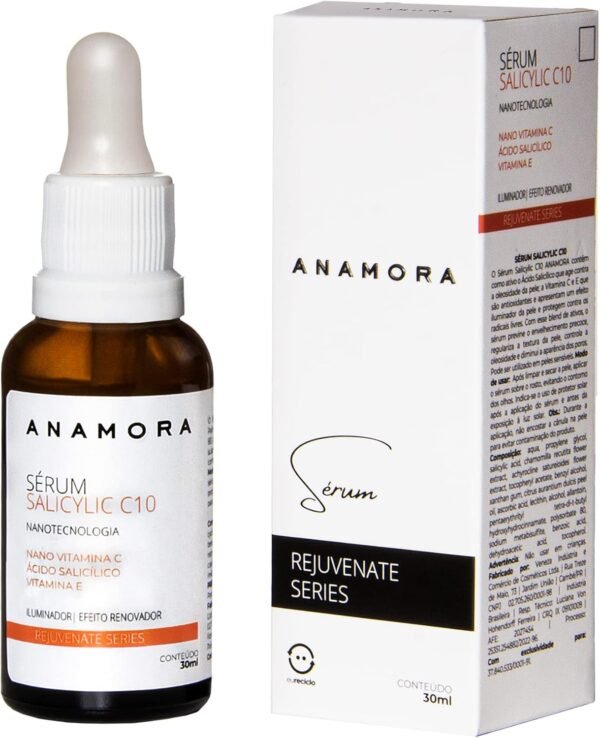 Sérum anti-idade Salicylic c10. Contém Vitamina C Pura. Renovador e Antirrugas. Reduz linhas finas de expressão. Refina a textura da pele.