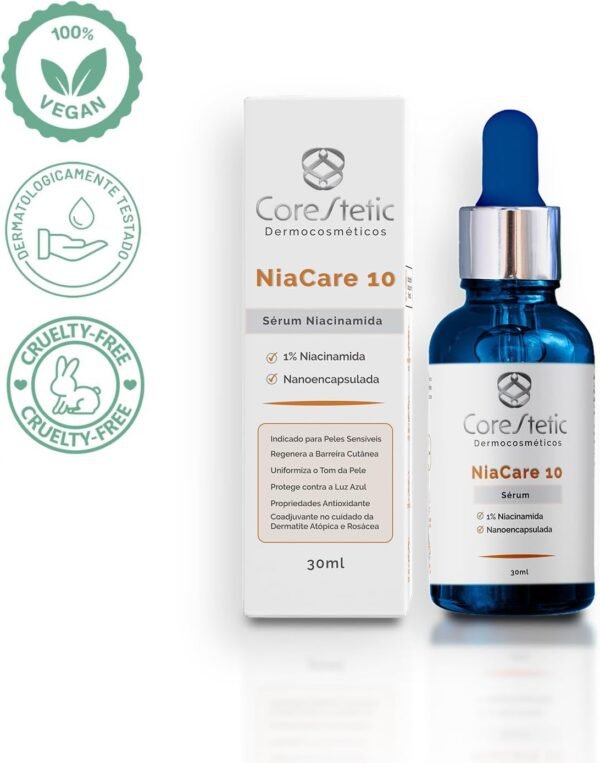 Sérum de Niaciamida, Nanoencapsulada e Vegana, Uniformizador, Regenerador, Clareamento Pele, Manchas, Acne, Hidratante, Niacare 10, Core Stetic. - Imagem 2