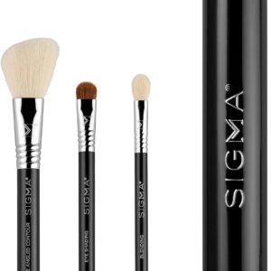 Sigma Beauty Travel Essential Trio - Conjunto de pincéis de maquiagem para sombra em pó - 3 pincéis de ferramentas com suporte de lata - Seguro para a pele, pincéis de maquiagem veganos para viagens -