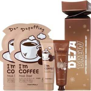 TONYMOLY Deja Brew | Conjunto de 4 peças para presente K-beauty Coffee Skincare Cracker, 2 folhas, máscara de lavagem, creme para as mãos