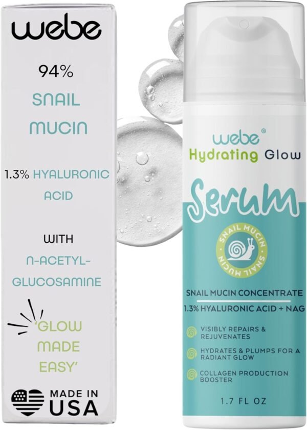 WEBE Snail Mucin 94% Hydrating Glow Serum, 1,3% Ácido Hialurônico E N-Acetil Glucosamina, Reforço De Colágeno, Antienvelhecimento, Reparação Intensa E Serum Hidratante Para Uma Pele Radiante E Firme