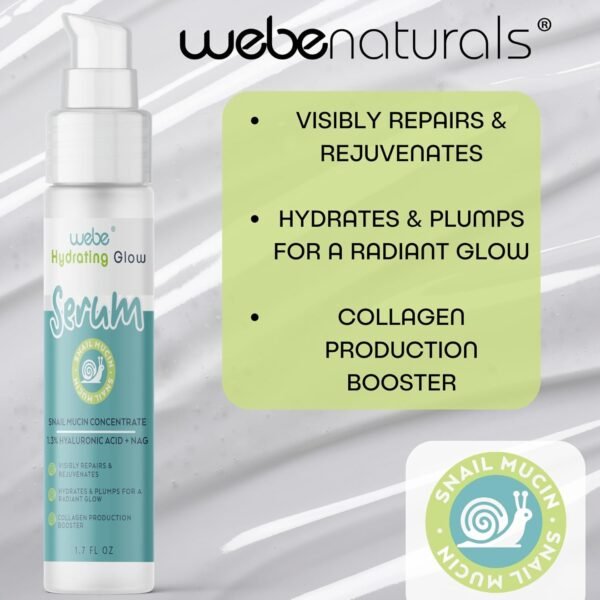 WEBE Snail Mucin 94% Hydrating Glow Serum, 1,3% Ácido Hialurônico E N-Acetil Glucosamina, Reforço De Colágeno, Antienvelhecimento, Reparação Intensa E Serum Hidratante Para Uma Pele Radiante E Firme - Imagem 2